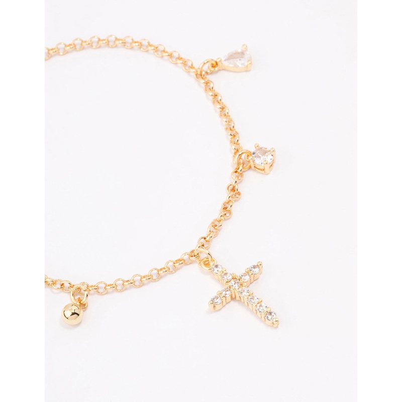 Gold Plated Cubic Zircona Cross Charm Bracelet