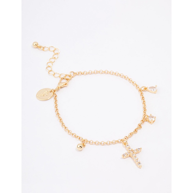 Gold Plated Cubic Zircona Cross Charm Bracelet