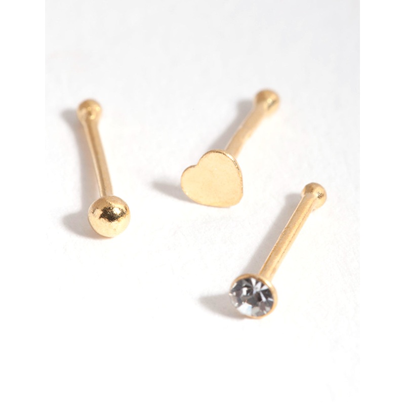 Gold Plated Sterling Silver Heart Nose Stud Pack