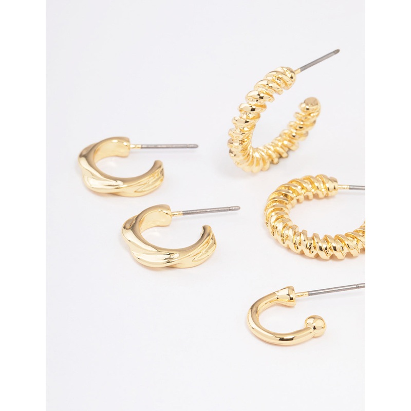Gold Plated Textured Chunky Hoop Earrings 4-Pack