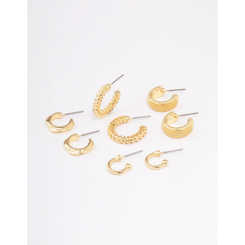 Gold Plated Textured Chunky Hoop Earrings 4-Pack
