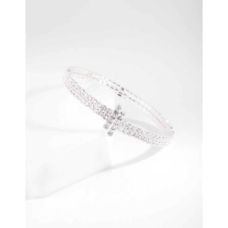 Silver Cubic Zirconia Row T Cuff Bracelet