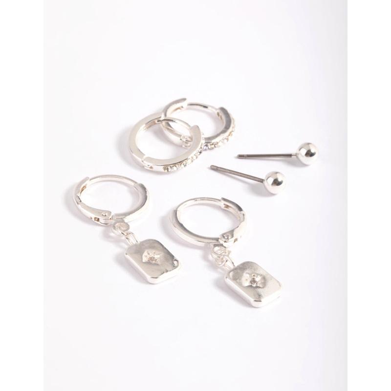 Silver Plated Brass  Cubic Zirconia Celestial Stud Earrings 6-Pack