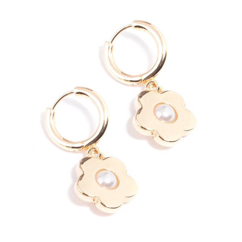 Gold Daisy Pearl Huggie Earrings
