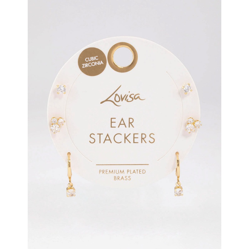 Gold Plated Brass Cubic Zirconia Trio Stud Earrings 6-Pack