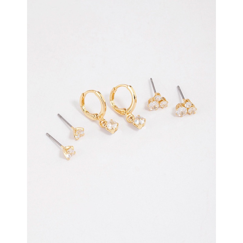 Gold Plated Brass Cubic Zirconia Trio Stud Earrings 6-Pack