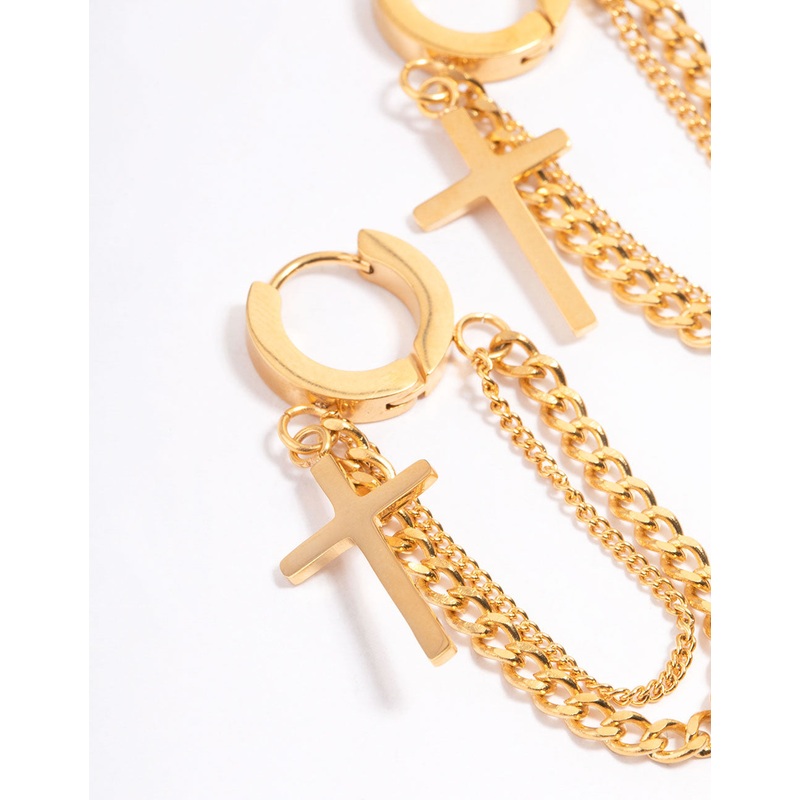Waterproof Gold Plated Stainless Steel Cross Chain Drop Huggie Earrings