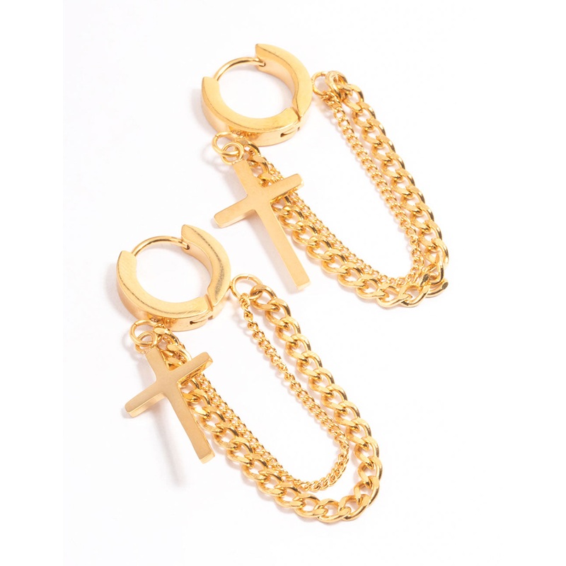 Waterproof Gold Plated Stainless Steel Cross Chain Drop Huggie Earrings