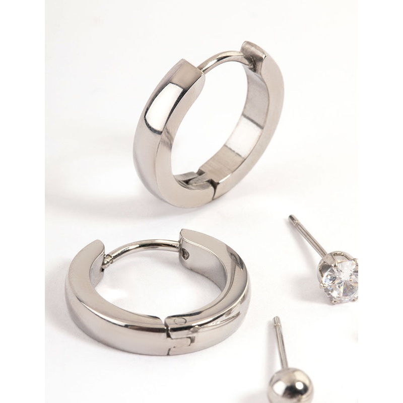 Waterproof Stainless Steel Cubic Zirconia Stud & Huggie Earrings Pack