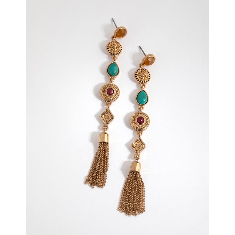 Antique Gold Long Chain Tassel Drop Earrings