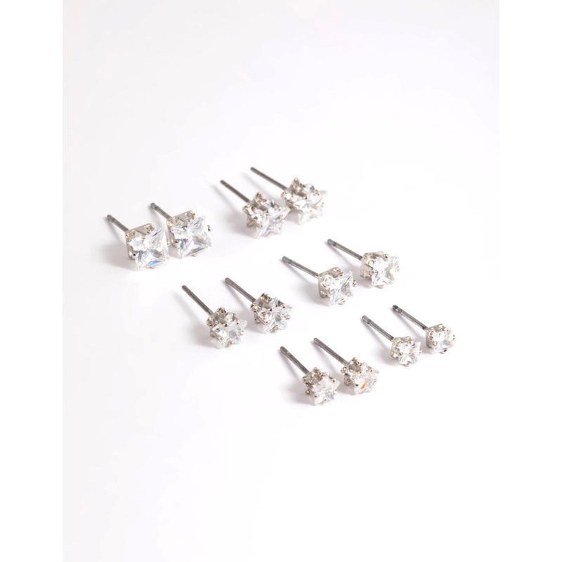 Cubic Zirconia Star & Square Earrings 6-Pack