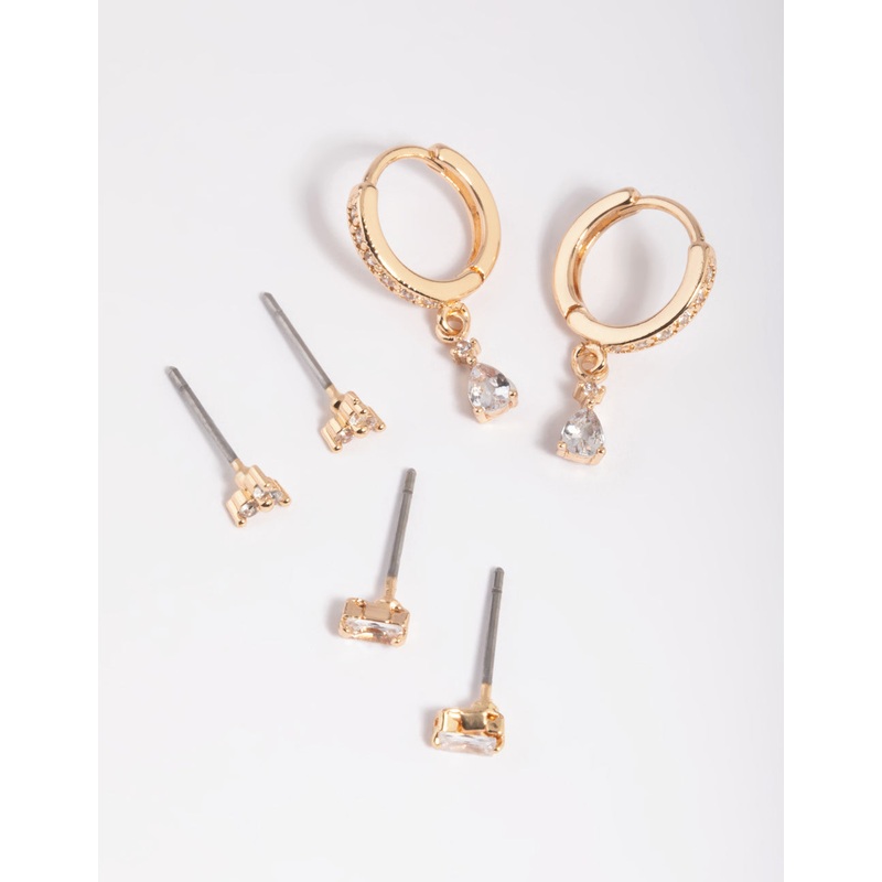 Gold Cubic Zirconia Dainty Stud & Huggie Earring Stack Pack