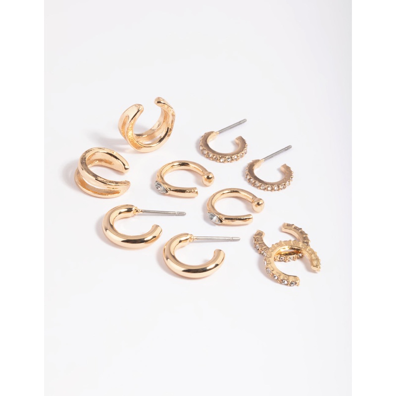 Gold Diamante Cuff & Huggie Earring Stack 5-Pack