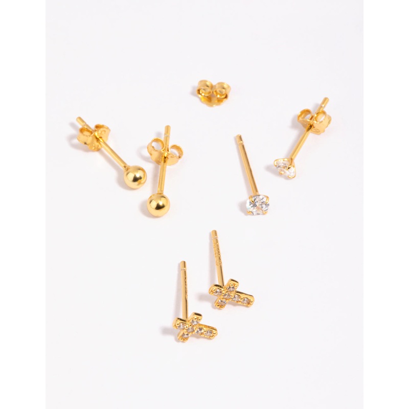 Gold Plated Sterling Silver Cross & Diamante Stud Earring Pack