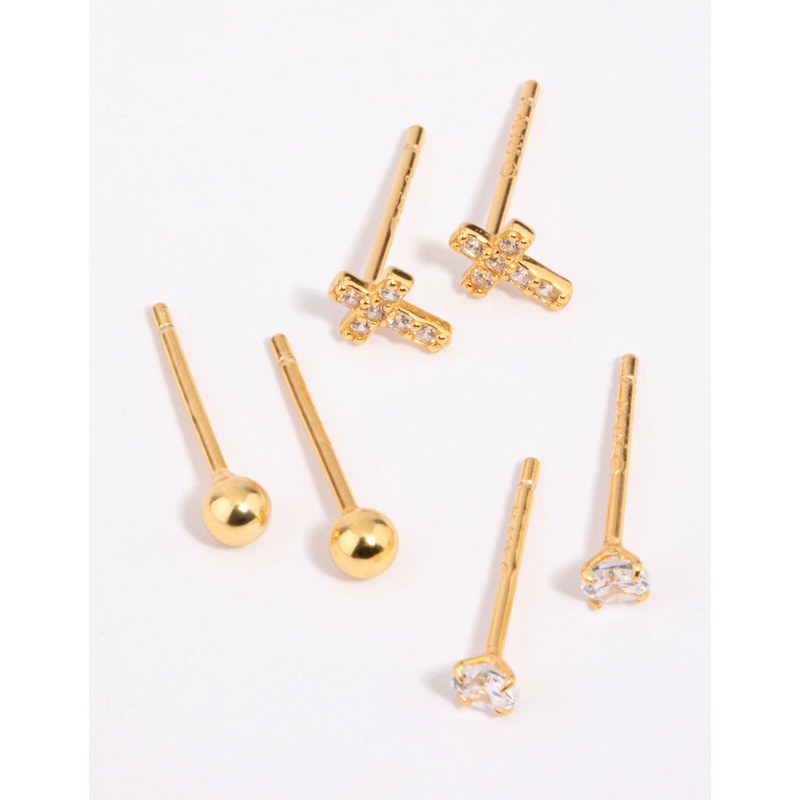 Gold Plated Sterling Silver Cross & Diamante Stud Earring Pack