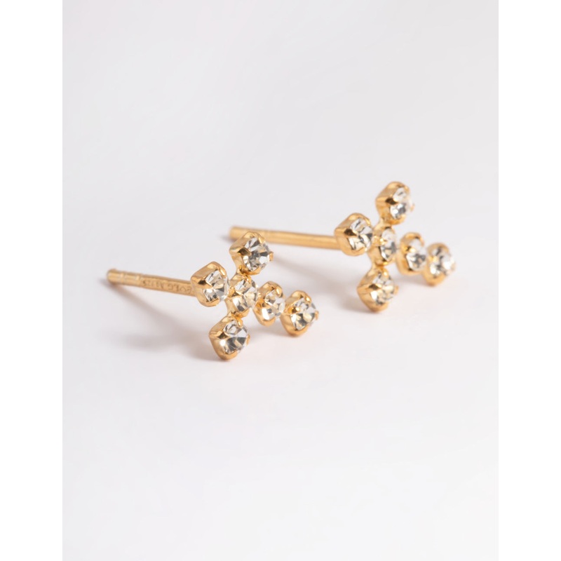 Gold Plated Sterling Silver Cubic Zirconia Cross Stud Earrings
