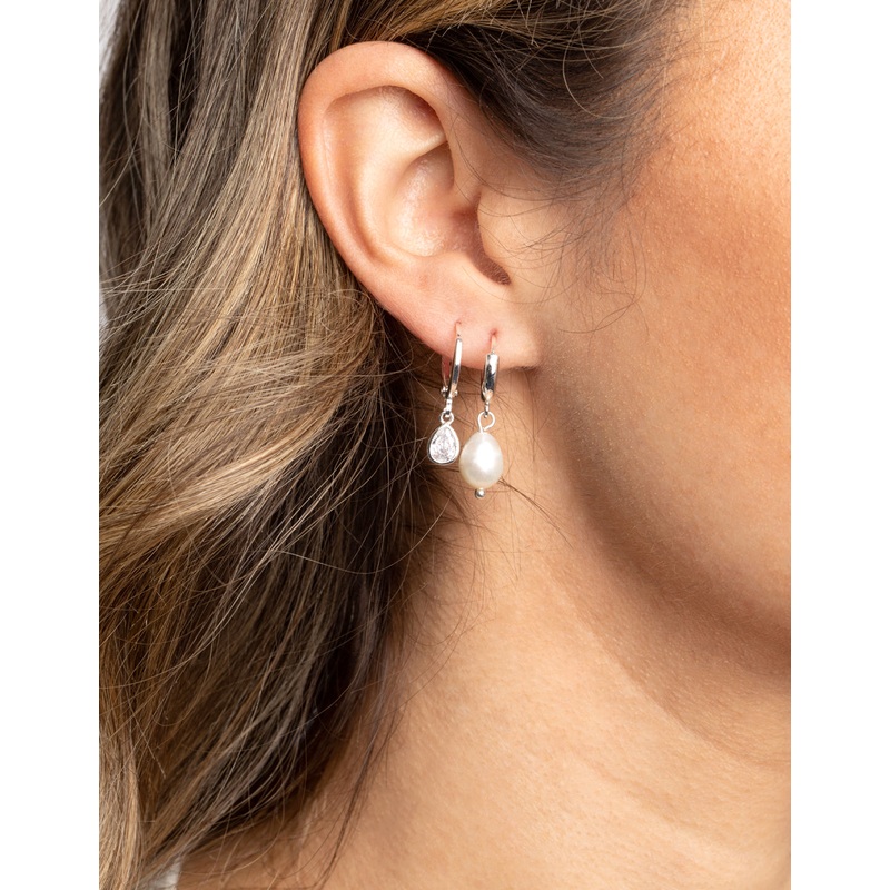 Silver Diamante & Freshwater Pearl Huggie Hoop Earrings