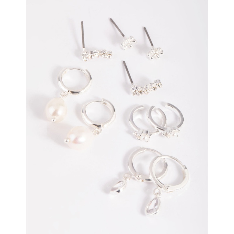Silver Diamante & Freshwater Pearl Huggie Hoop Earrings