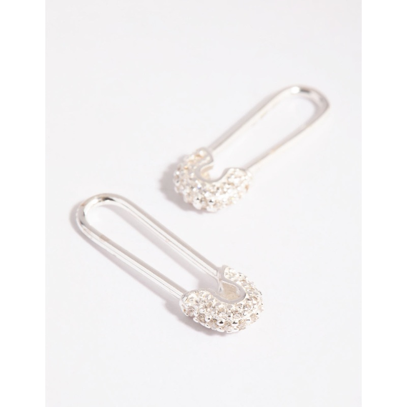 Sterling Silver Pave Safety Pin Earrings