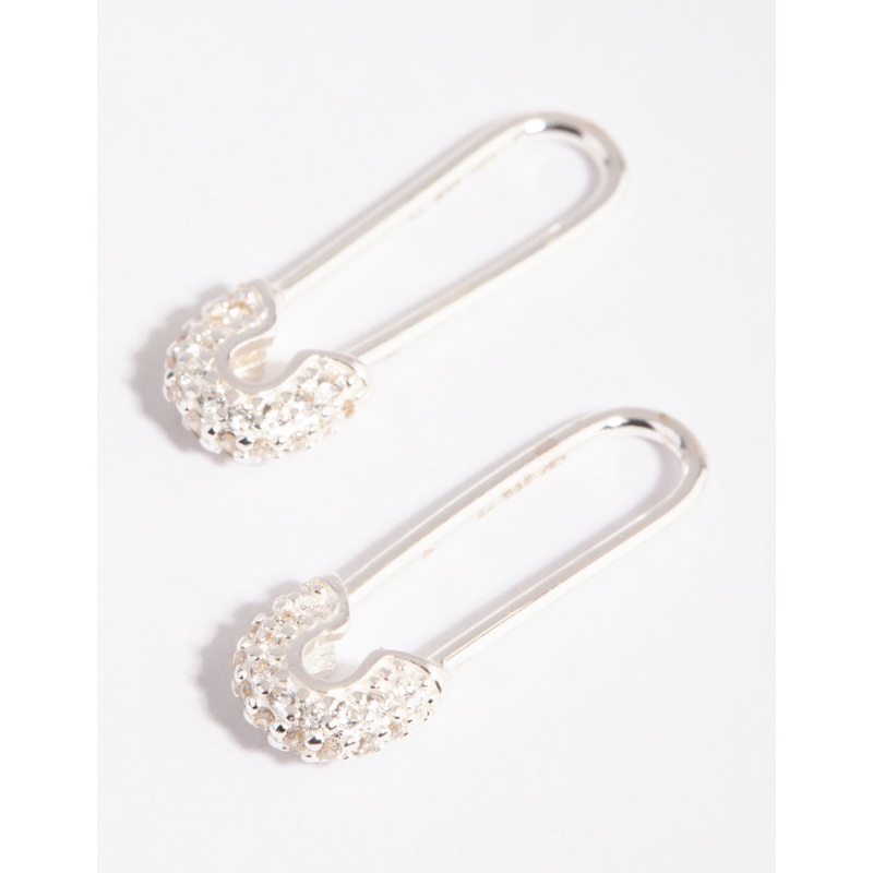 Sterling Silver Pave Safety Pin Earrings