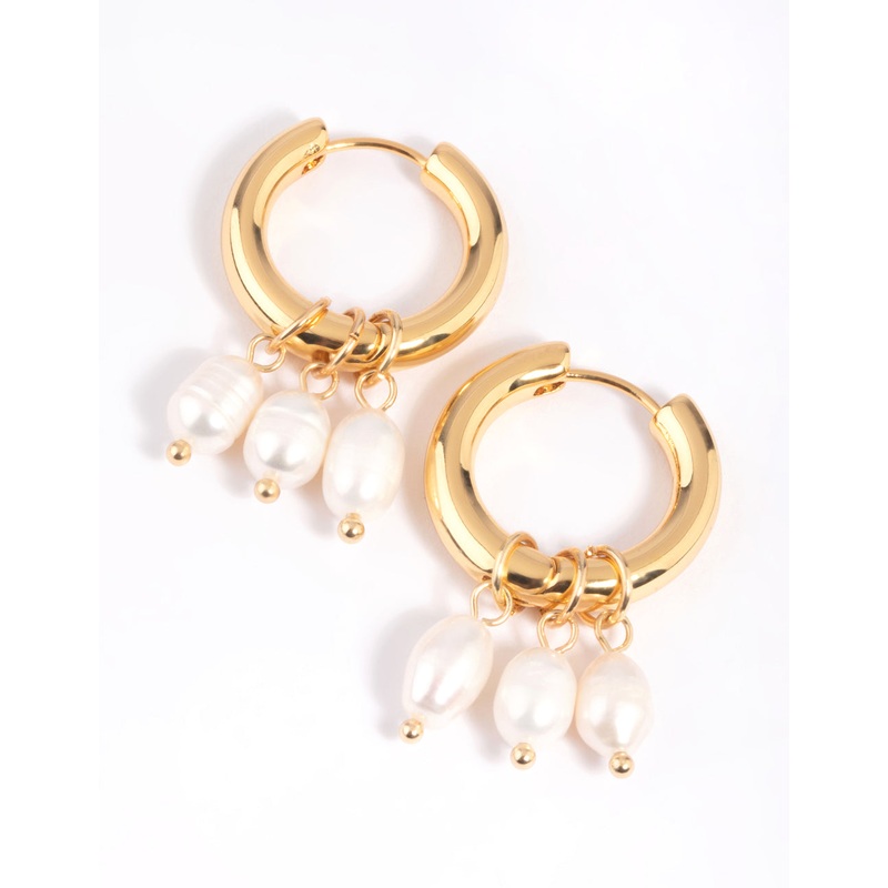 Gold Plated Freshwater Pearl Huggie Hoop Earrings