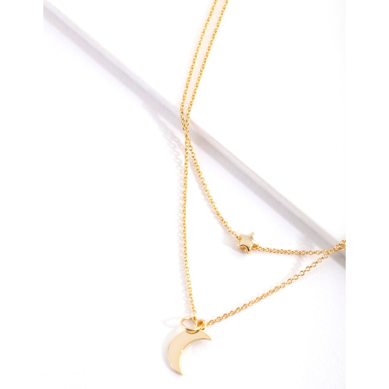 Gold Plated Sterling Silver Moon & Star Double Layer Necklace