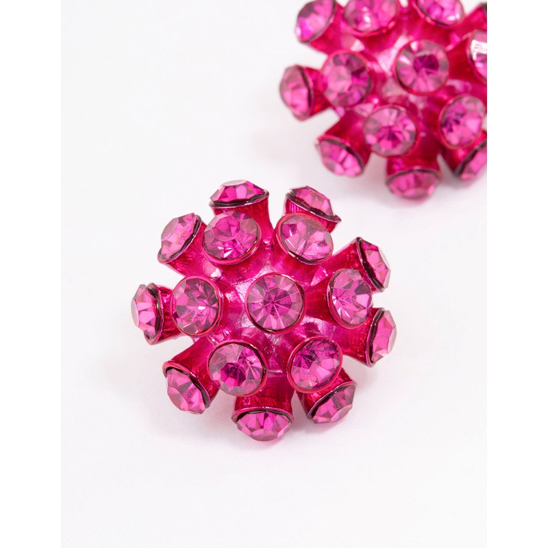 Pink Diamante Flower Stud Earrings