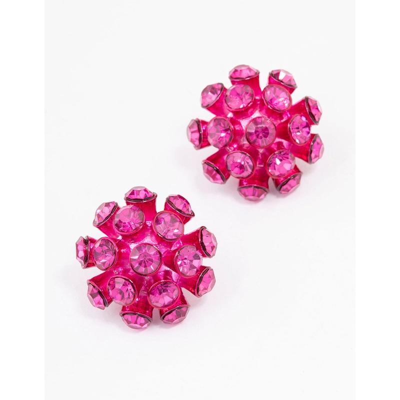 Pink Diamante Flower Stud Earrings