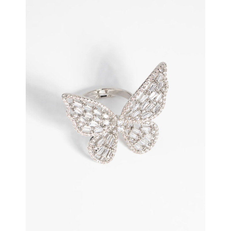 Rhodium Cubic Zirconia Butterfly Statement Ring