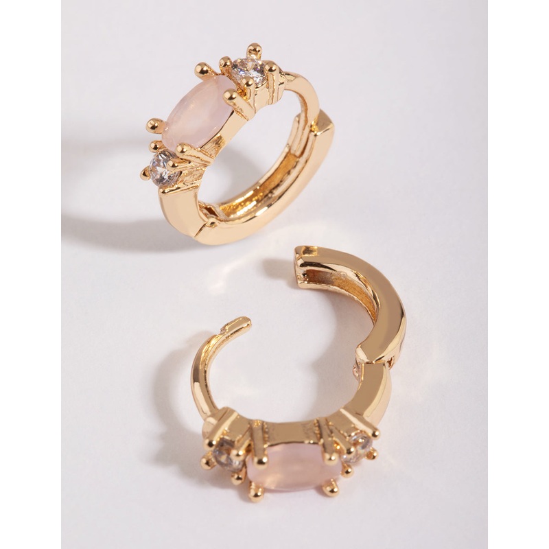 Rose Quartz & Diamante Huggie Hoop Earrings