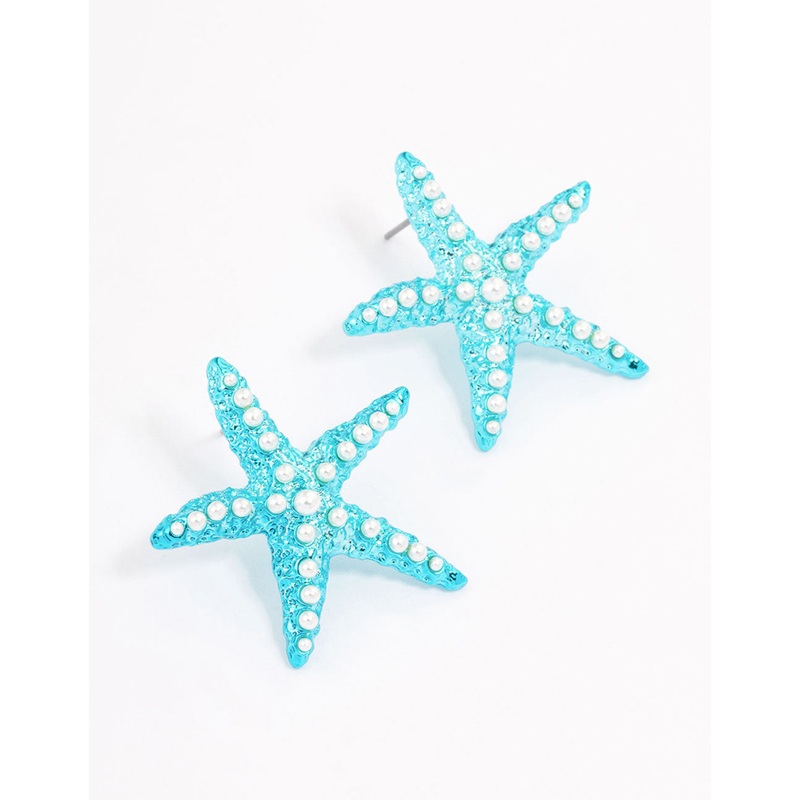 Blue Pearly Starfish Stud Earrings