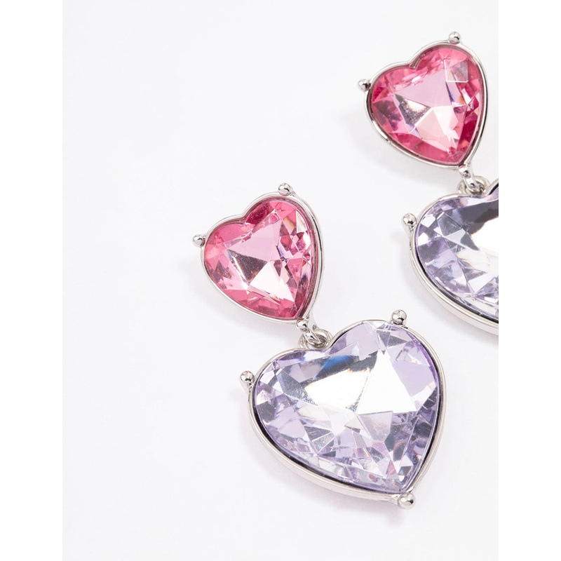 Pink & Purple Small Double Heart Drop Earrings