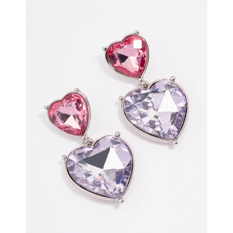 Pink & Purple Small Double Heart Drop Earrings