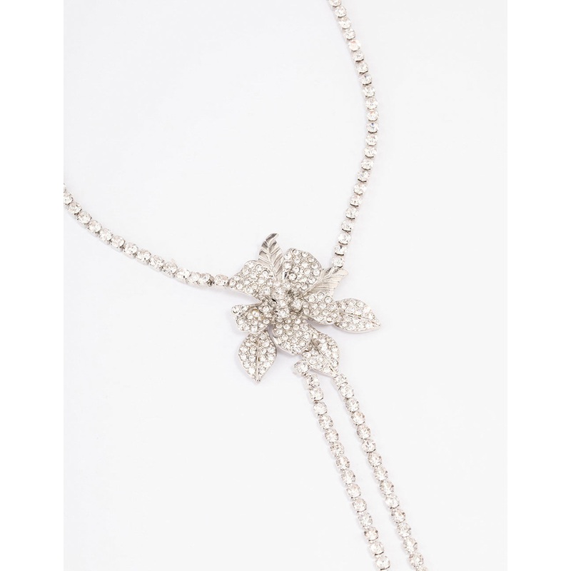 Silver Cup Chain Diamante Flower Necklace
