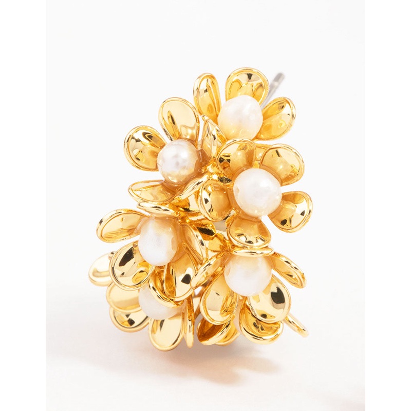 Gold Plated Freshwater Pearl Flower Hoop Earrings