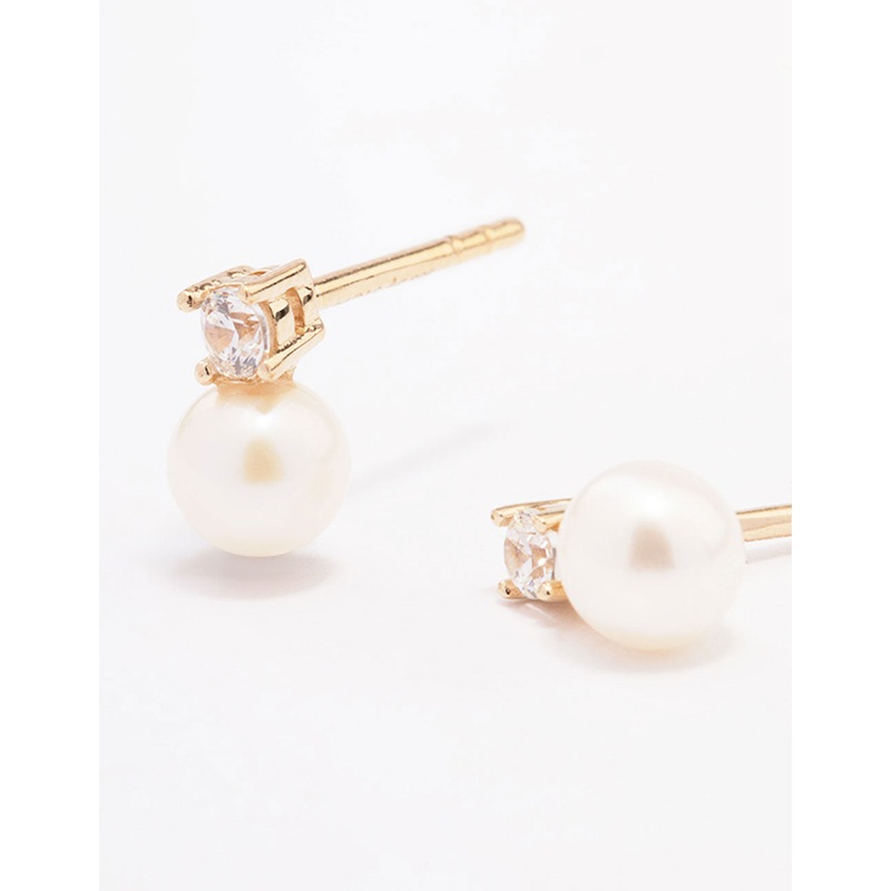 Gold Plated Sterling Silver Cubic Zirconia & Freshwater Pearl Stud Earrings