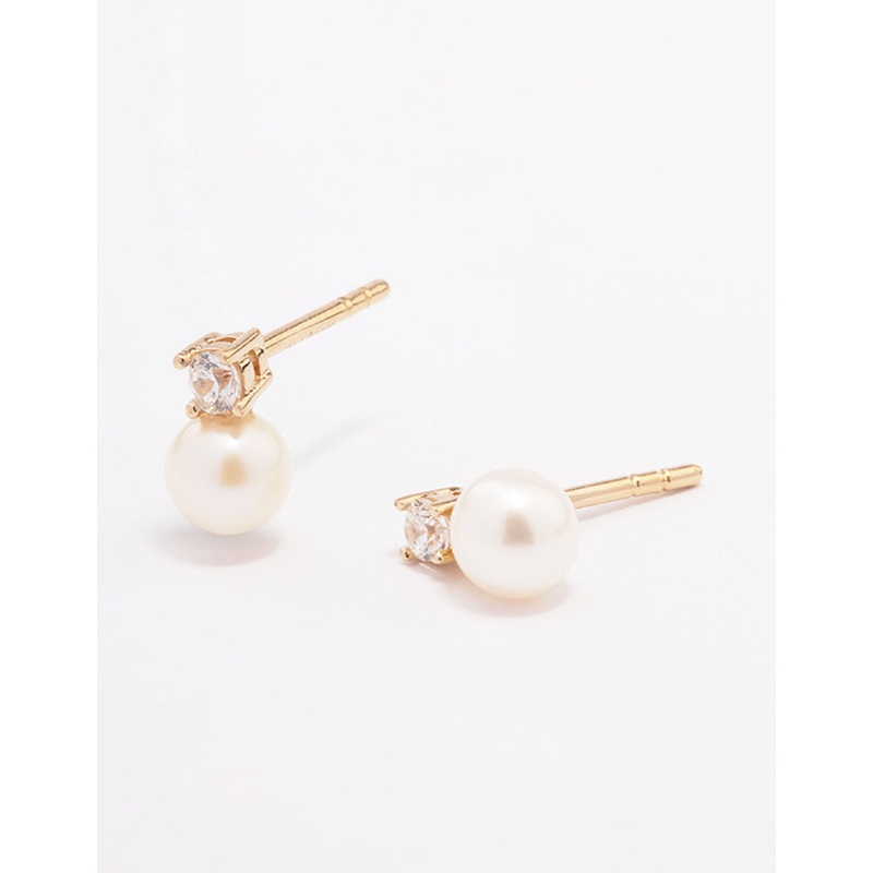 Gold Plated Sterling Silver Cubic Zirconia & Freshwater Pearl Stud Earrings