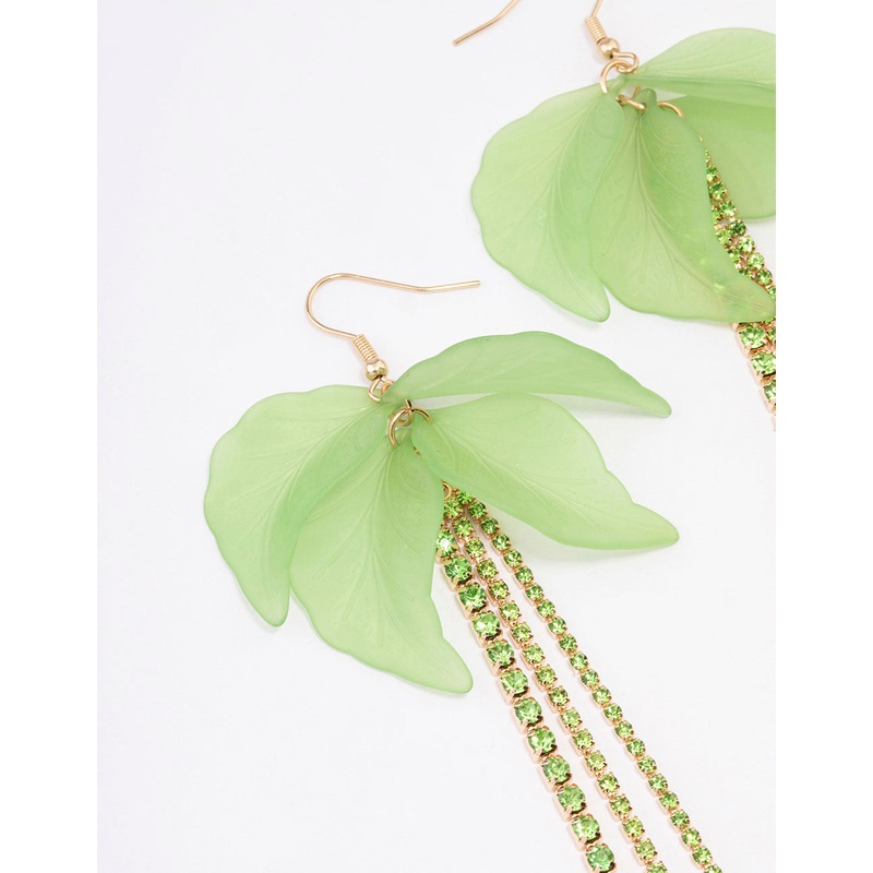 Green Leaf Petal Cup Chain Drop Earrings