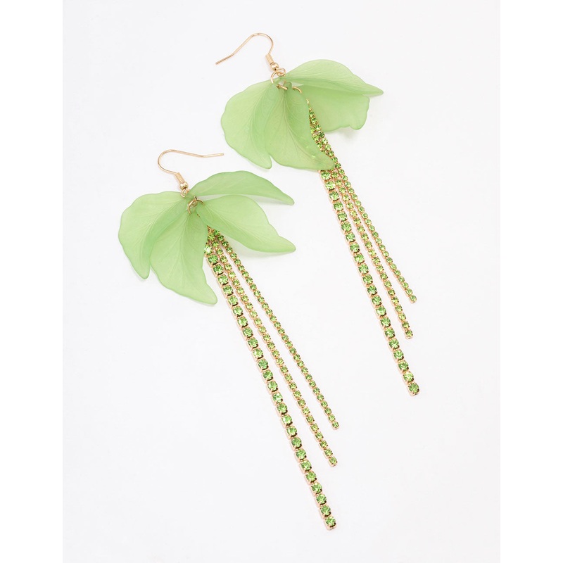 Green Leaf Petal Cup Chain Drop Earrings