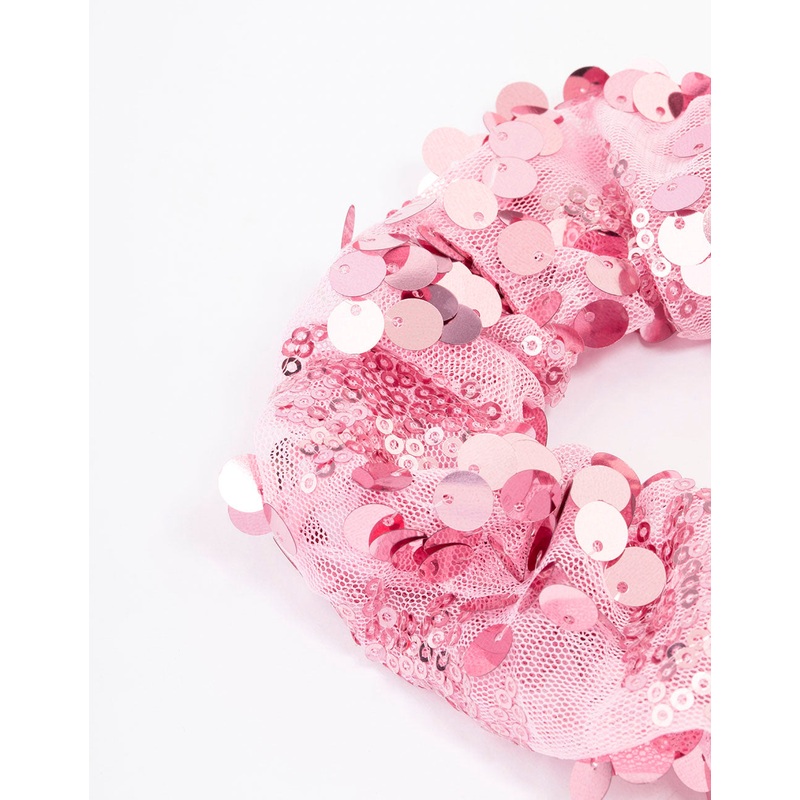 Pink Fabric Mixed Square Stone Hair Scrunchie