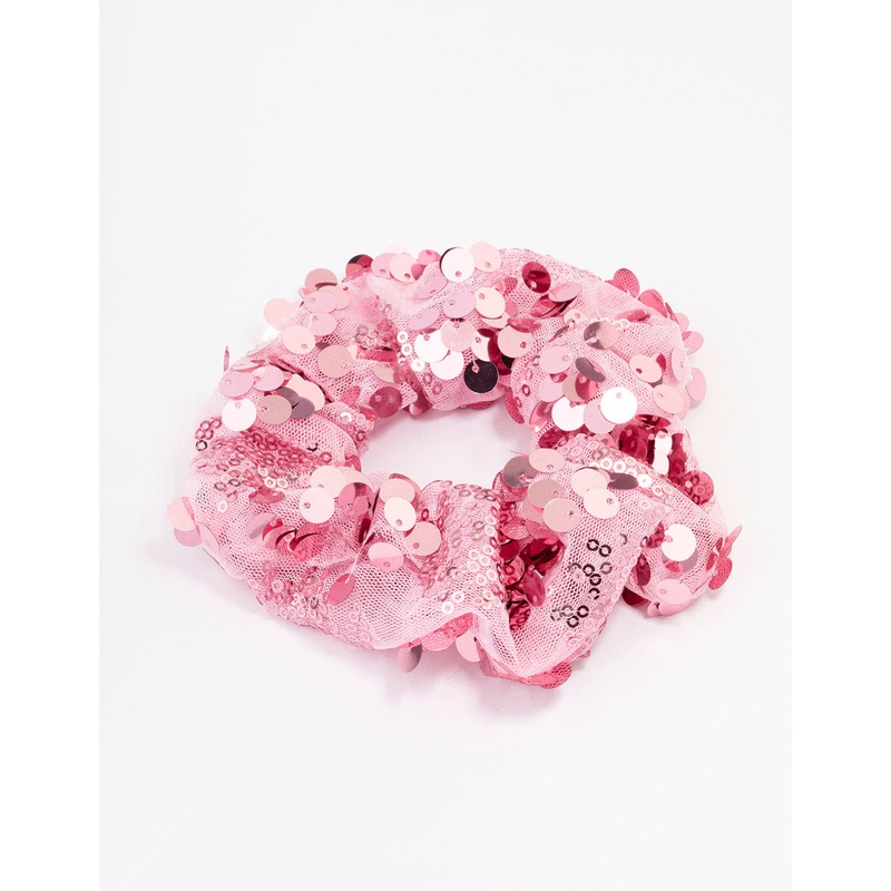 Pink Fabric Mixed Square Stone Hair Scrunchie