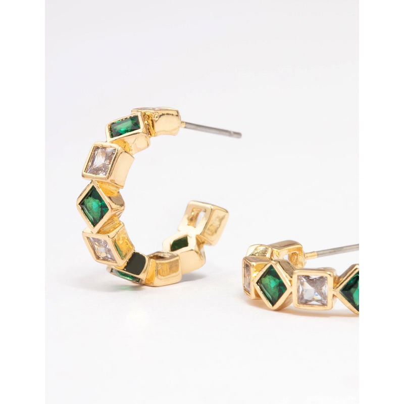 Gold Mixed Cubic Zirconia Square & Diamante Hoop Earrings