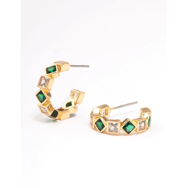 Gold Mixed Cubic Zirconia Square & Diamante Hoop Earrings