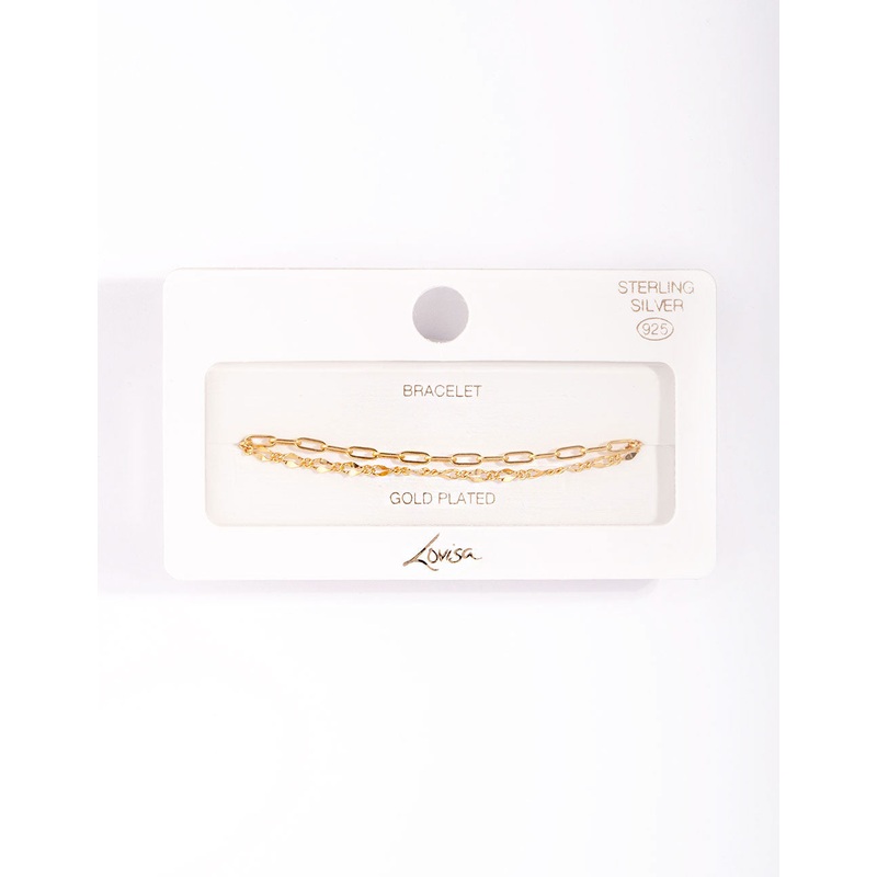 Gold Plated Sterling Silver Mixed Chain Double Row Bracelet