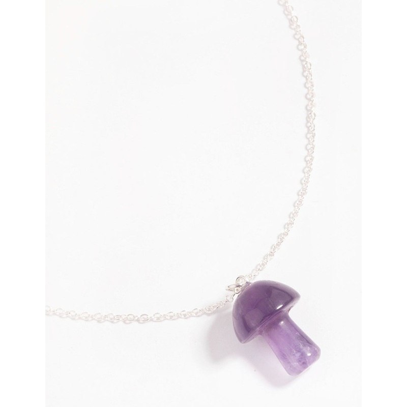 Silver Amethyst Moon & Mushroom Pendant Necklace