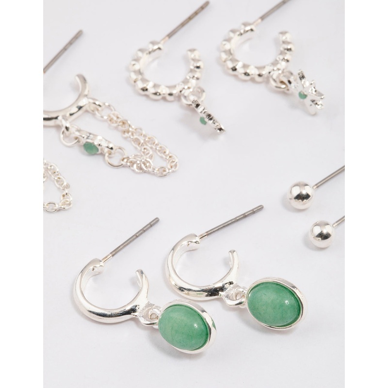 Silver Green Aventurine Star & Chain Earrings 4-Pack