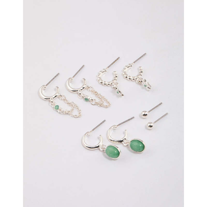 Silver Green Aventurine Star & Chain Earrings 4-Pack