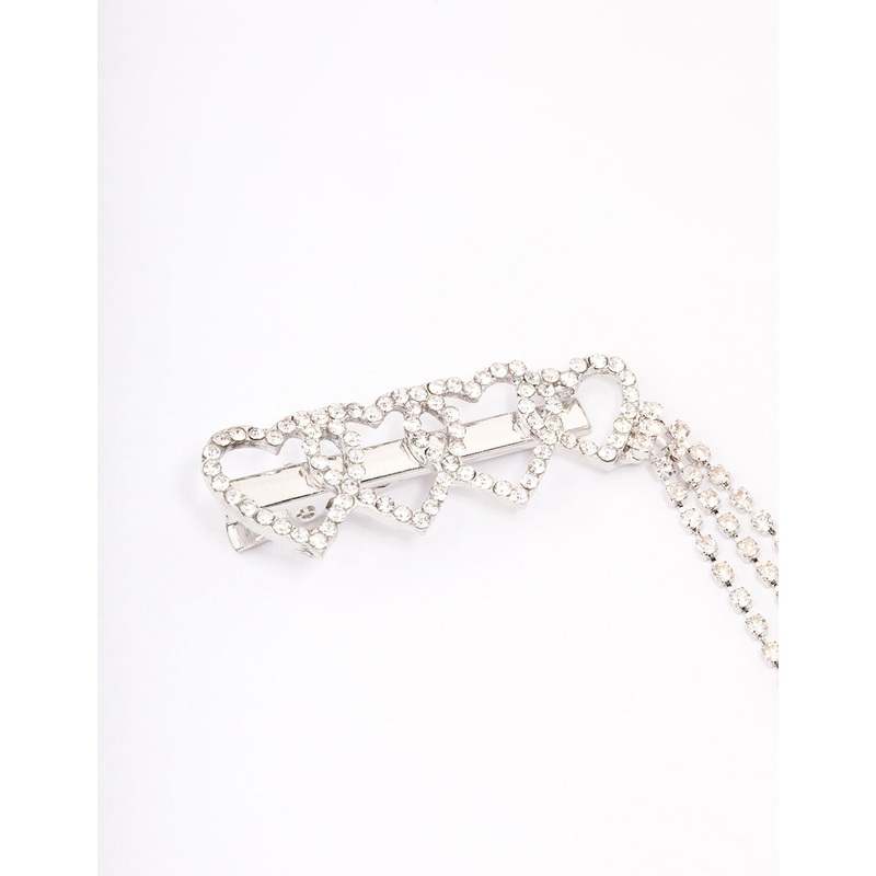 Silver Heart Diamante Cup Chain Hair Clip