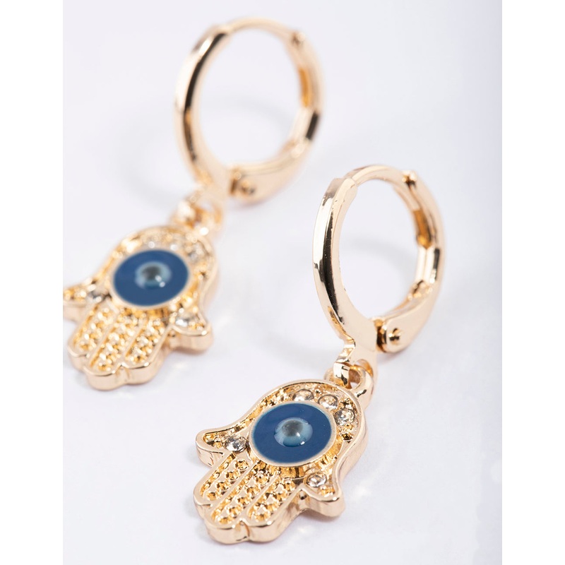 Gold Evil Eye Hand Huggie Earrings