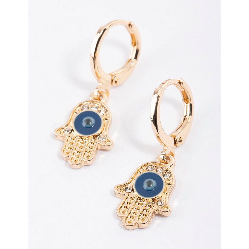 Gold Evil Eye Hand Huggie Earrings